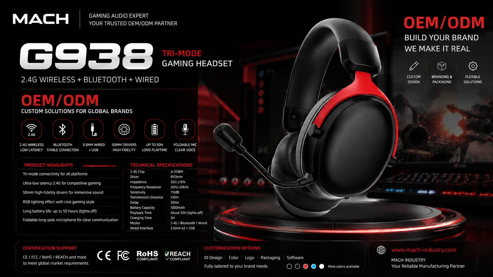 G938 red private label tri-mode gaming headset platform for firmware customization