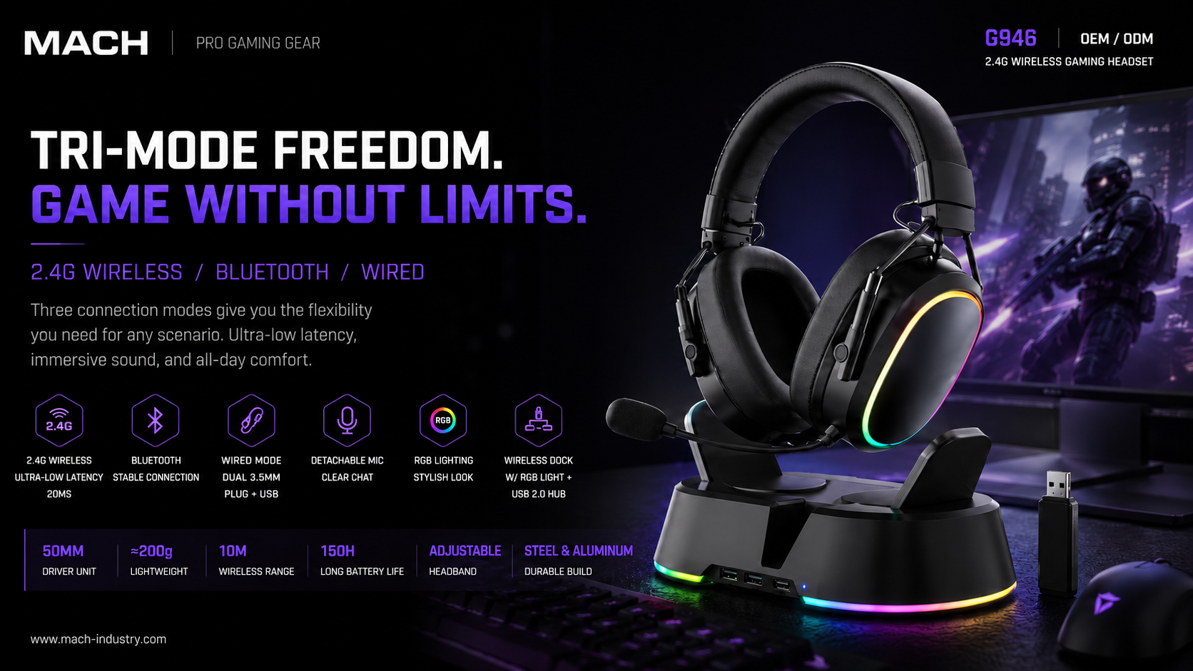 G946 tri-mode wireless gaming headset platform front view