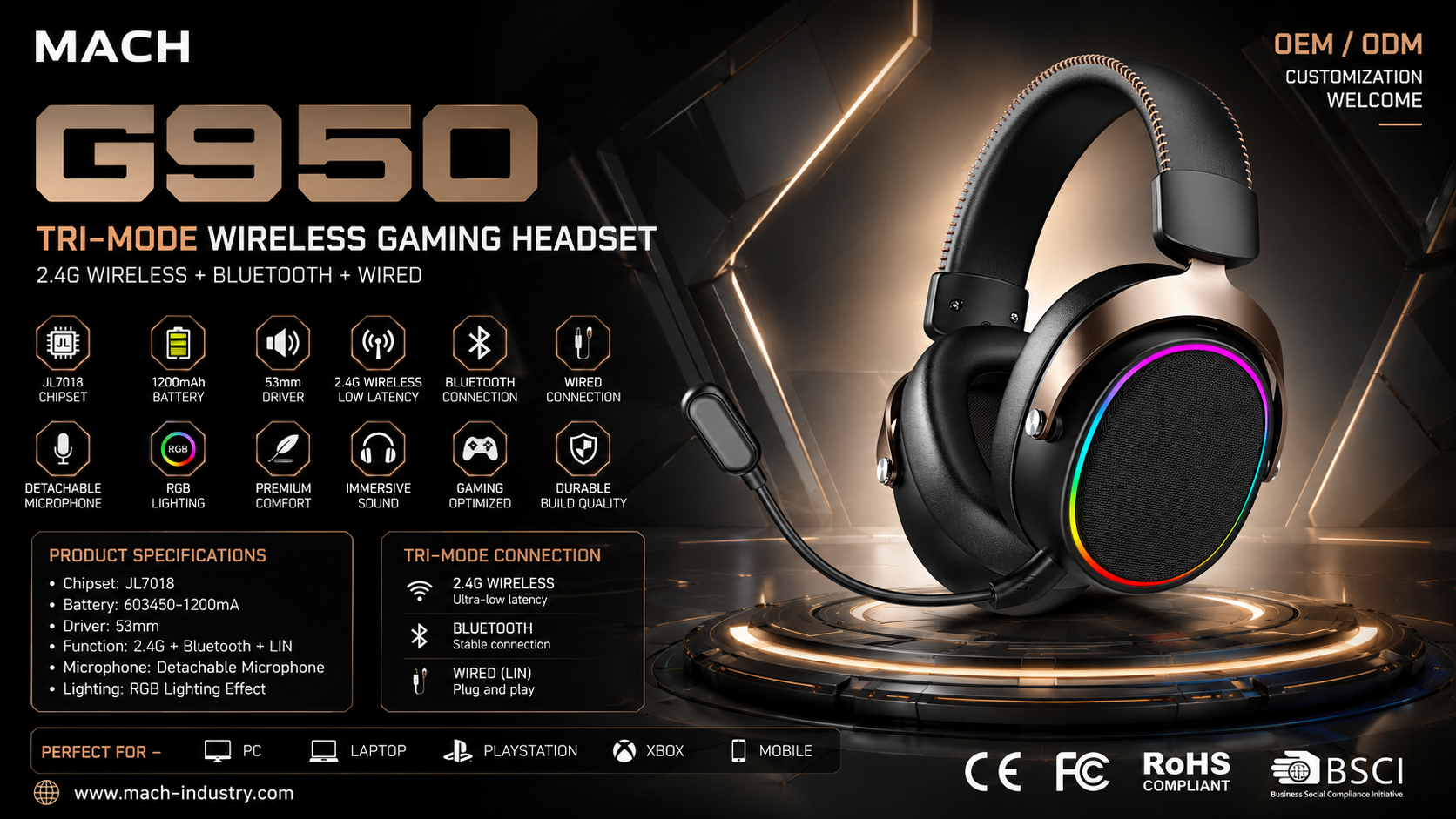 G950 2.4GHz Bluetooth and 3.5mm gaming headset platform