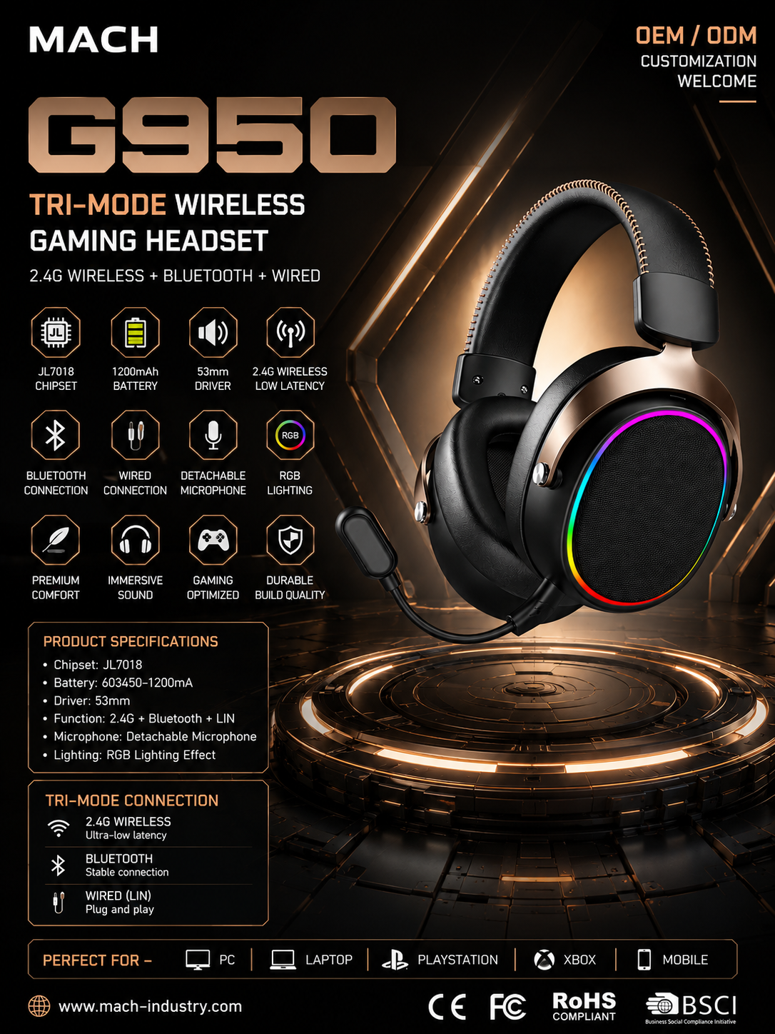 G950 tri-mode wireless gaming headset for OEM specification planning