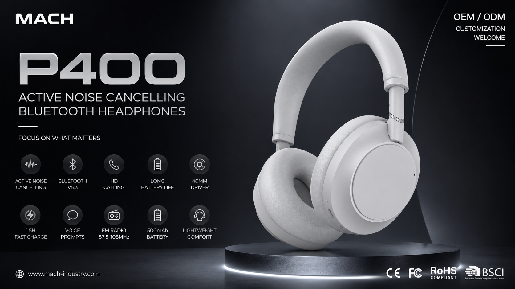 P400 over-ear ANC headphone platform for OEM buyers