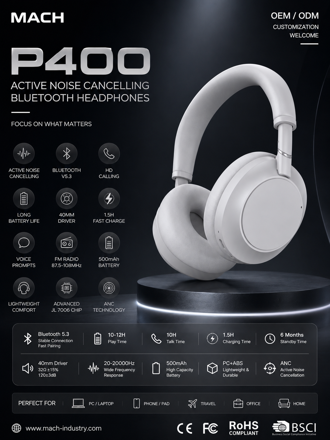 P400 Bluetooth ANC headphones for private-label sample evaluation