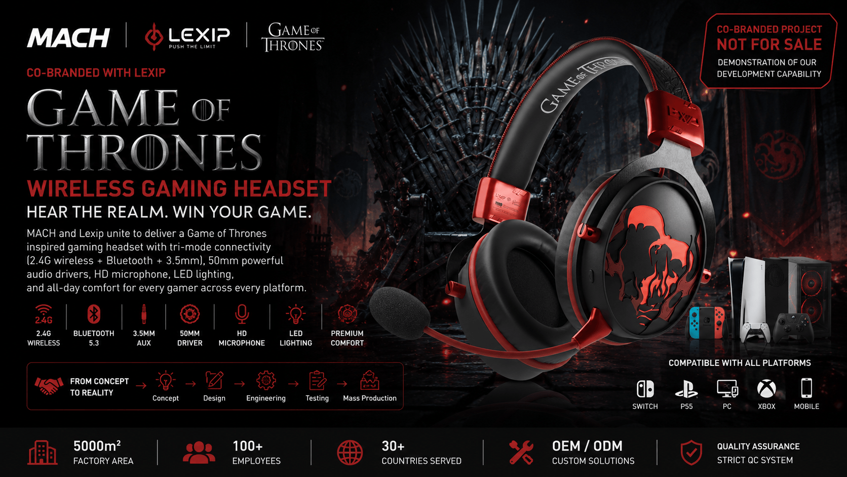 MACH and Lexip Game of Thrones headset project banner showing a black and red headset and a not-for-sale notice